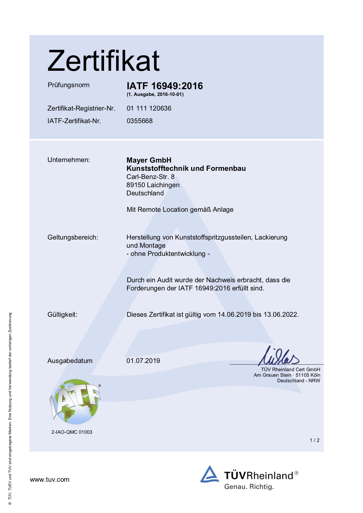 Mayer GmbH, Laichingen – Zertifikat IATF 16949, 2016