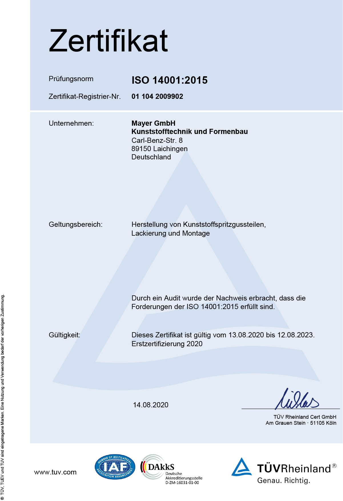 Mayer GmbH, Laichingen – Zertifikat ISO 14001, 2015