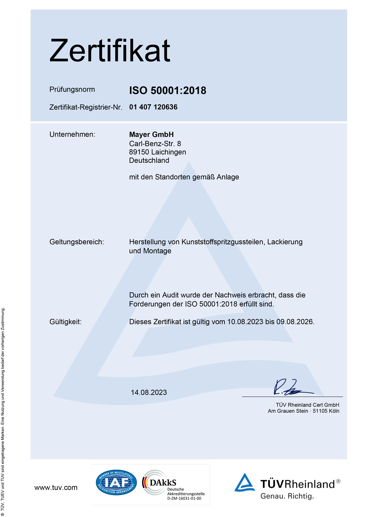 Mayer GmbH – Zertifikat ISO 50001:2018