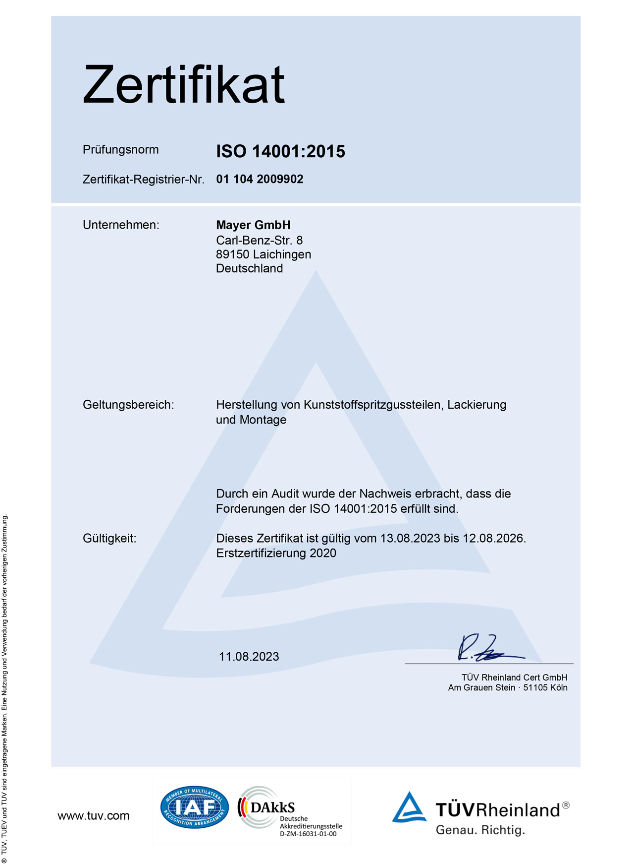 Mayer GmbH – Zertifikat ISO 14001:2015